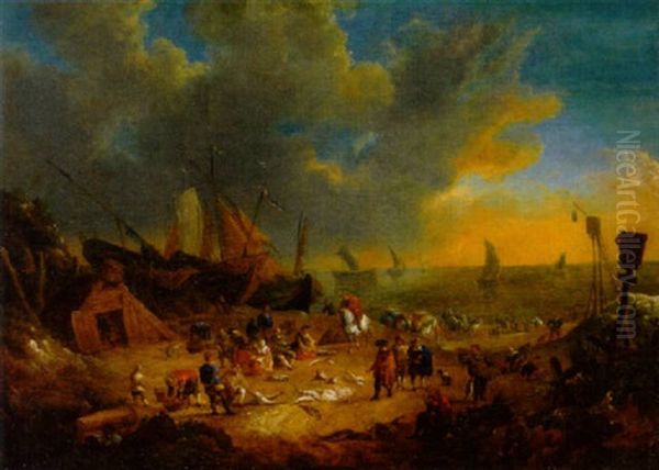 Elegant Figures Inspecting The Catch On A Beach With Sailing Barges And Shipping Beyond Oil Painting by Lucas Smont the Younger