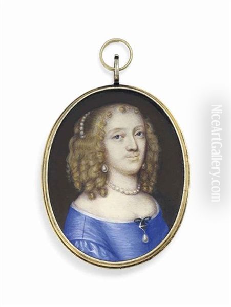 A Young Lady, In White-bordered Blue Dress, Gem-set Drop-pearl Worn At Corsage, Pearl Necklace, Earrings And Pearls In Her Fair Curling Hair Oil Painting by Mathew Snelling