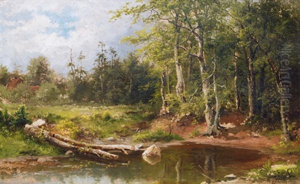 Landscape At The Hudson River (+ Another; Pair) Oil Painting by Carl August Sommer