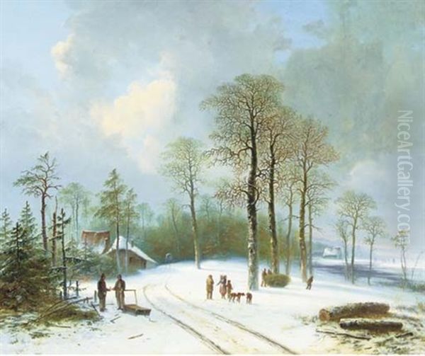 Figures On A Snow-covered Forest Path Oil Painting by Jacobus Loerenz Sorensen