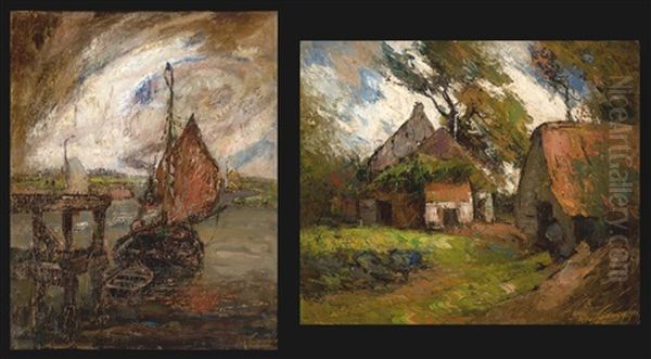 Ferme Dans Un Paysage (+ Vue De L'escaut, Lrgr; 2 Works) Oil Painting by Leo Spanoghe