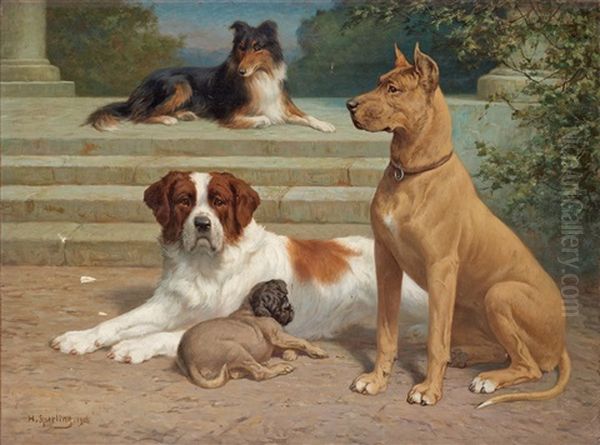 Hundar Vid Trappa Oil Painting by Heinrich Sperling