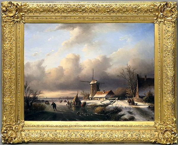Winterlandschaft Mit Eislaufern Und Windmuhle Oil Painting by Jan Jacob Coenraad Spohler