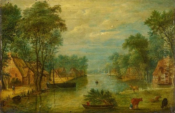 Hollandische Flusslandschaft Mit Bauernkaten Am Wasser Oil Painting by Adriaen Van Stalbemt