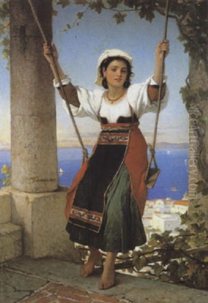 Jonge Napolitaanse Op De Schommel - Gezicht Te Anacapri Oil Painting by Joseph Stallaert