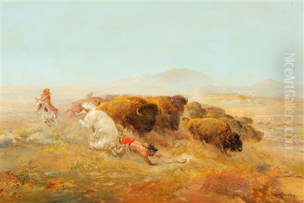 Buffalo Hunt Oil Painting by William M. Standing