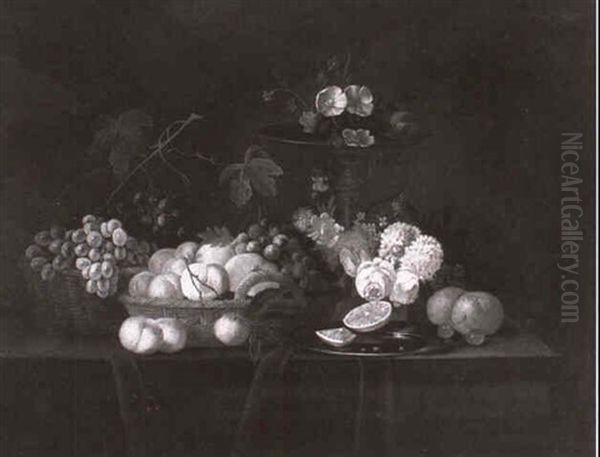 Still Life Of Fruit And Flowers On A Table Oil Painting by Emily Coppin Stannard