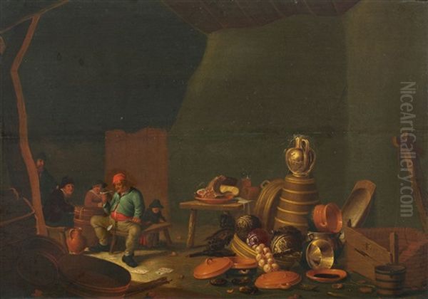 Two Paintings With A Rustic Interior And A Kitchen Still Life Oil Painting by Jan Adriaensz van Staveren