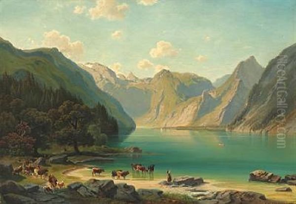 Alpine Landscape. Watering The Cows Oil Painting by Wilhelm August Theodor von Steinhausen