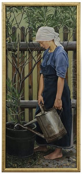 Girl With Watering Can Oil Painting by Eduard Stella