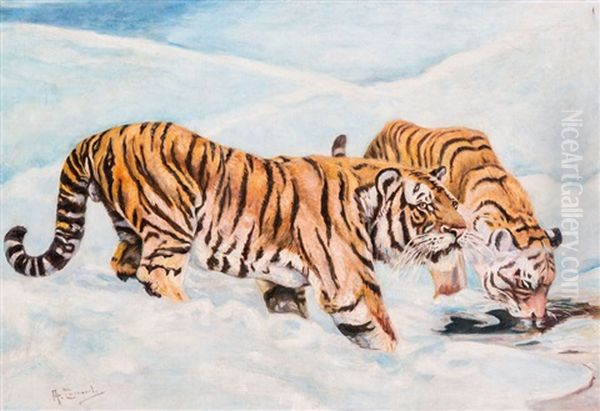 Schneelandschaft Mit Zwei Sibirischen Tiger An Einer Wasserstelle Oil Painting by Aleksei Stepanovich Stepanov