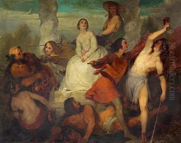 A Bacchanalian Scene With Virtue Defended Oil Painting by Francis Philip Stephanoff