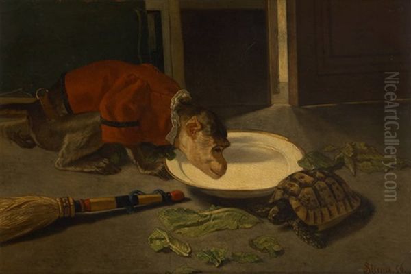 Le Singe Et La Tortue Oil Painting by Joseph (Edouard J.) Stevens