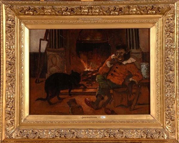 Singe Anthropomorphe Et Son Chat Devant Le Feu Oil Painting by Joseph Stevens
