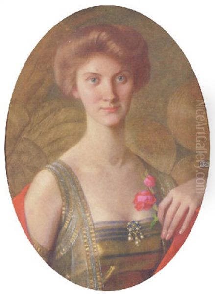 Portrait Of A Lady, In A Silver And Yellow Dress, Holding A Rose In Her Left Hand Oil Painting by Marianne (Preindlsberger) Stokes