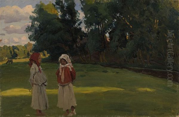 Girls In A Field Oil Painting by Evgeniy Ivanovich Stolitsa