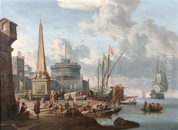 A Fortified Mediterranean Port With An Obelisk And A Galley Moored Nearby Oil Painting by Abraham Jansz. Storck