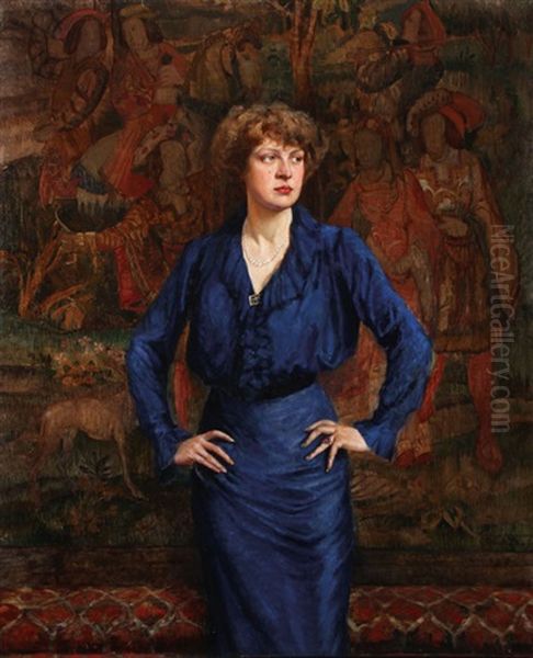 Portrait Of An Elegant Woman In Front Of A Tapestry Oil Painting by Benjamin A. Strasser