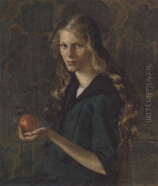 Portrait Of A Young Girl In A Green Dress Holding An Orange Oil Painting by Benjamin A. Strasser