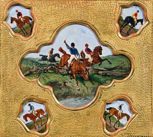 Jockeys (5 Works In 1 Frame) Oil Painting by Anton (Josef A.) Strassgschwandtner