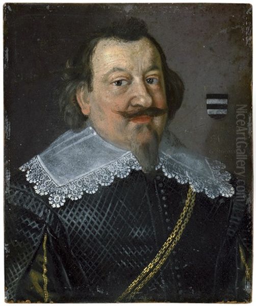 Bildnis Des Freiherr Von Mauchenheim, Gen. Bechtolsheim Im Schwarzen Wams Mit Spitzenkragen Und Doppelreihiger Goldkette Im Alter Von 54 Jahren Oil Painting by Strauch, Georg