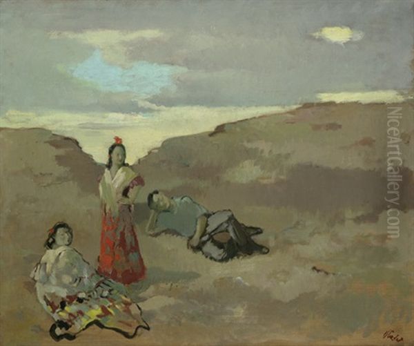 Dunenlandschaft Mit Zwei Frauen Und Einem Mann Oil Painting by Paul Strecker