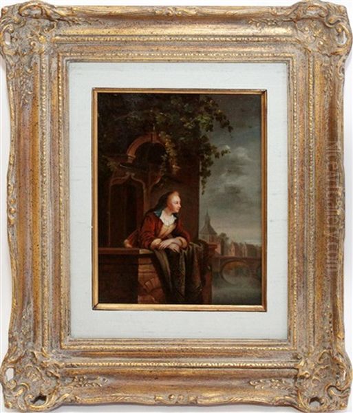 Lady With A Blue Mantilla Overlooking City From Balcony Oil Painting by Abraham van Stry the Elder