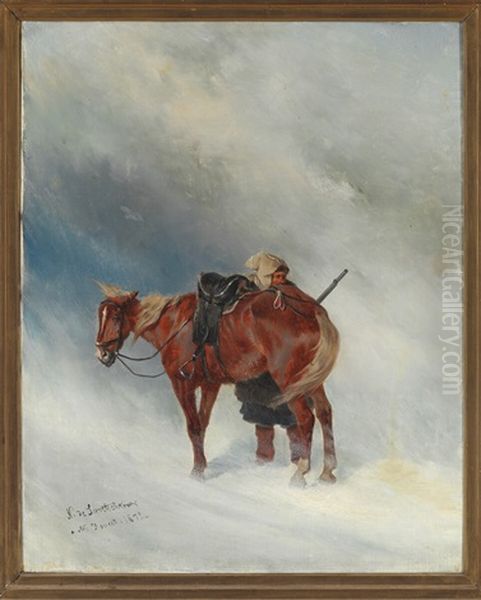 A Russian Rider And His Horse In A Snowstorm Oil Painting by Nikolai Egorovich Sverchkov