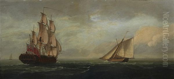 The British Frigate, H.m.s. Flora With A Schooner Crossing Oil Painting by Francis Swaine