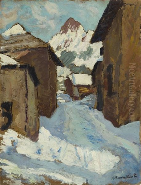Country Town In A Mountain Oil Painting by Alfred Swieykowski