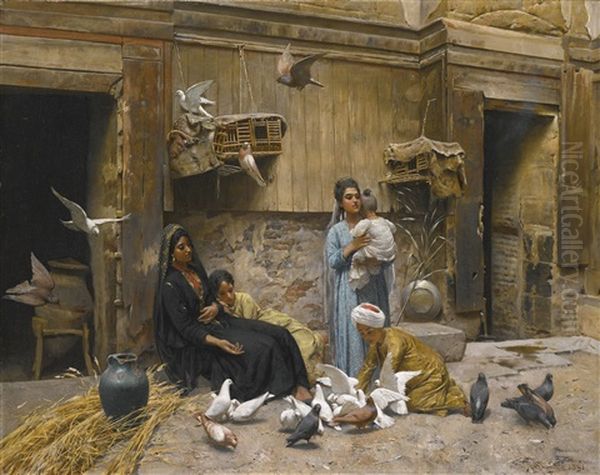 A Cairene Courtyard Oil Painting by Rudolph Swoboda the Younger