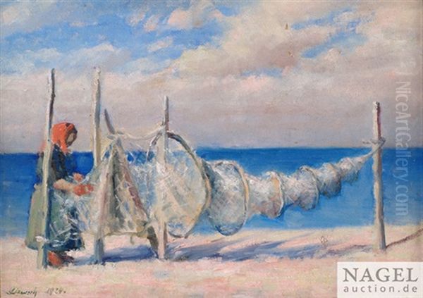 Frau Beim Richten Der Netze Oil Painting by Franciszek Szwoch