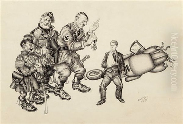 The Axis Gives Medals, Political Cartoon, 1940s Oil Painting by Arthur Szyk