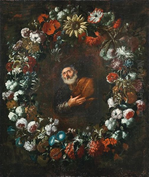 A Garland Of Flowers With Carnations, Roses And A Sunflower, With An Added Central Cartouche Depicting The Penitent Saint Peter Oil Painting by Franz Werner von Tamm