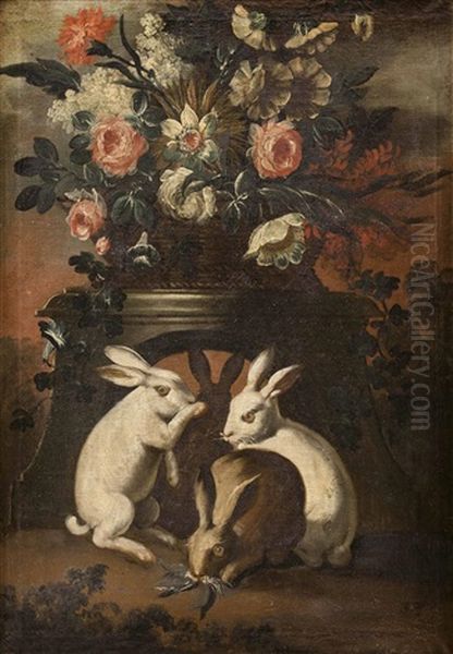 Stillleben Mit Blumen Und Kaninchen Oil Painting by Franz Werner von Tamm