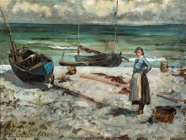 Zwei Fischerboote Mit Fischerin Bei Yport Oil Painting by Leon Tanzi