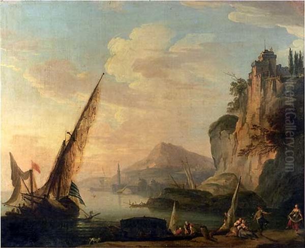 Scene De Port Mediterraneen Par Beau Temps Oil Painting by Jean Jacques Francois Taurel