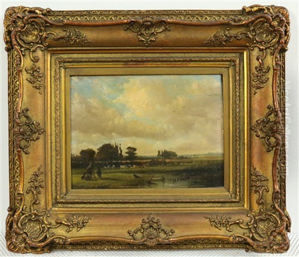 Panoramisch Landschap, Op De Voorgrond Figuren Met Een Hond Oil Painting by Johannes (Jan) Tavenraat
