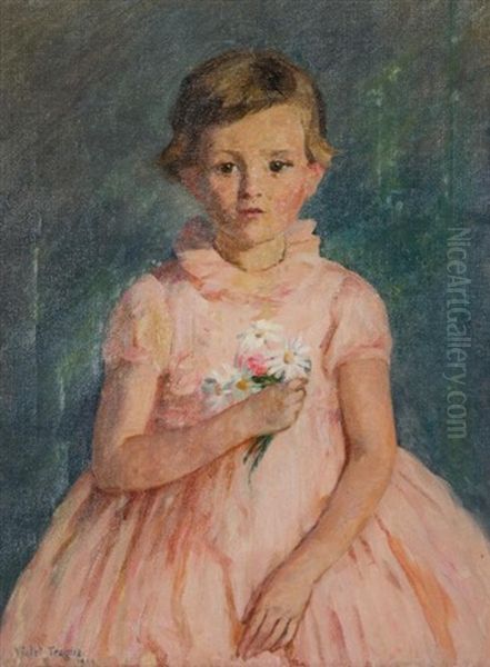 Girl In Pink Dress Oil Painting by Violet Helen Evangeline Teague