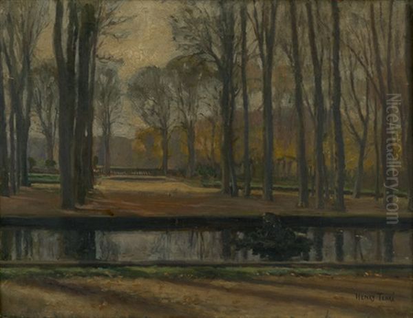 Herbst Im Park Von Fontainebleau (+ Dame Mit Rotem Sonnenschirm Auf Einer Wiese, Verso) Oil Painting by Charles Henry Tenre