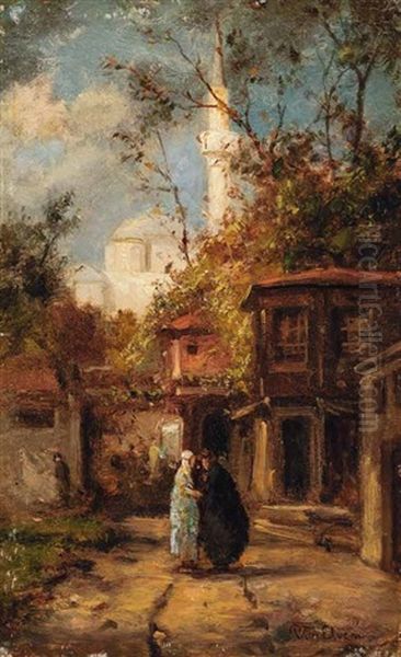 Blick Auf Einen Garten Mit Zwei Sich Unterhaltenden, Verschleierten Frauen. Im Hintergrund Eine Weise Moschee Oil Painting by Pierre (Henri Theodore) Tetar van Elven