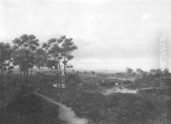 Scandinavian Cottage Scene With Chickens Oil Painting by George Frederick Teyssen
