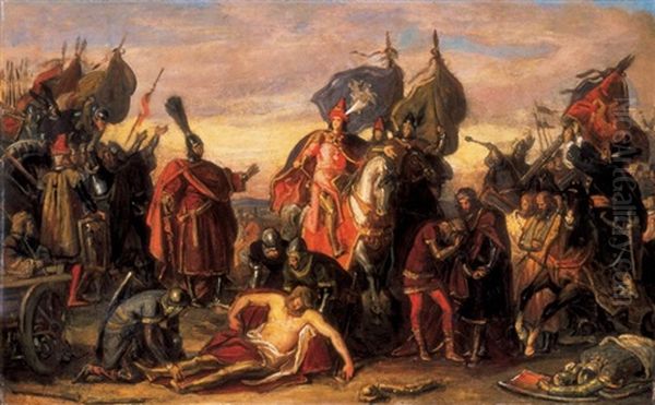Laszlo Kun And Habsburg Rudolphe After The Battle Of Morvamezo Oil Painting by Mor (Moritz) Than