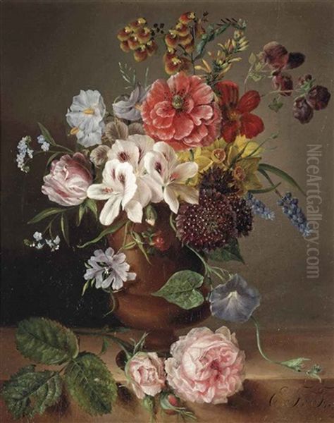 Roses, Peruvian Lilies, Daffodils, Grape Hyacinths, Lady's Purses, Forget-me-nots And Other Flowers In A Stoneware Vase With Pink Roses On A Ledge Oil Painting by Elizabeth Theodora van Thiel