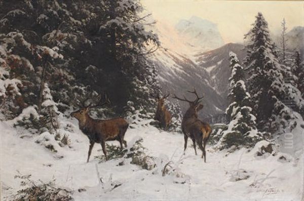 Falscher Wind - Hirsche Im Winter Oil Painting by Arthur Thiele