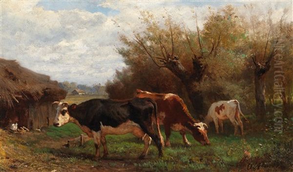 Cows Grazing Oil Painting by Otto von Thoren