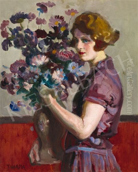 Young Girl (the Purple Dress) Oil Painting by Janos Thorma