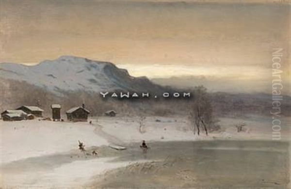 Vinterlandskap Med Gutt Pa Kjelke Oil Painting by Peder Thurmann