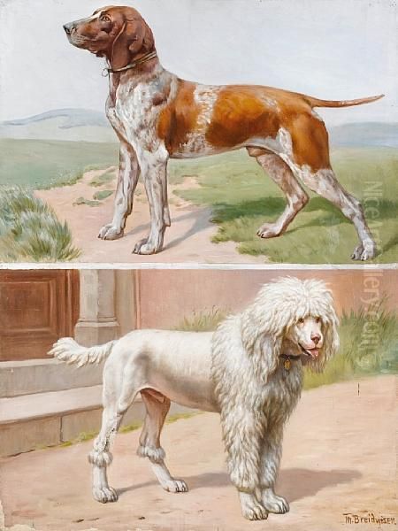 A German Pointer In A Landscape; A Standard Poodle By A Doorway Oil Painting by Theodor Breitwieser
