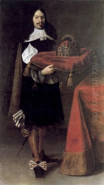 A Portrait Of A Nobleman Holding The Crown Of The Holy Roman Empire Oil Painting by Simon Peter (Schenck) Tilemann